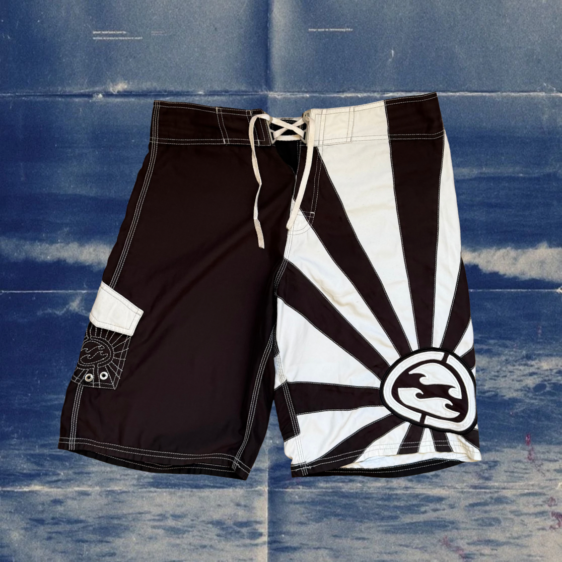 Andy Iron x Billabong rising sun brown and white vintage boardies