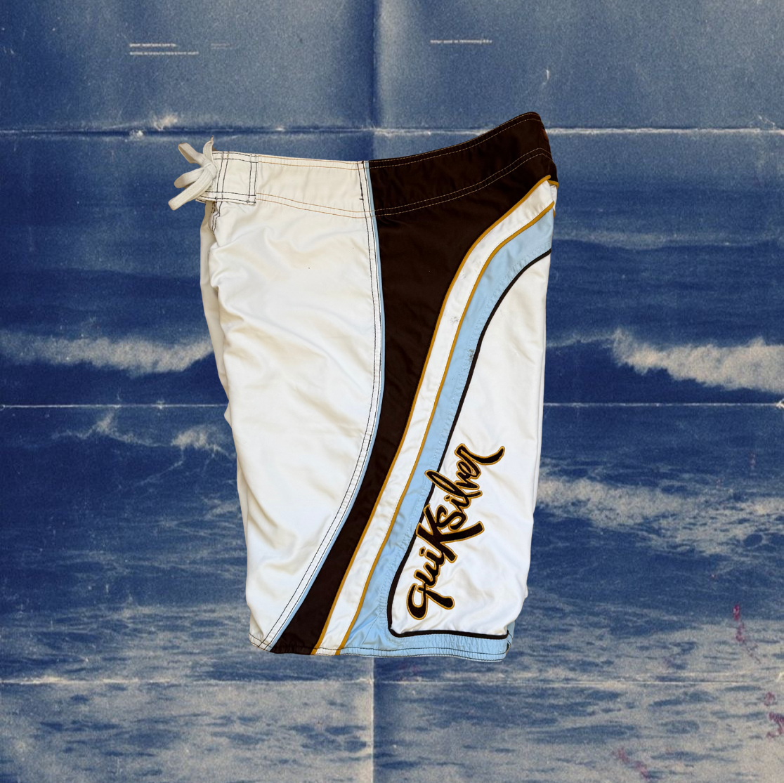 Quicksilver white with brown and light blue stripes vintage boardies