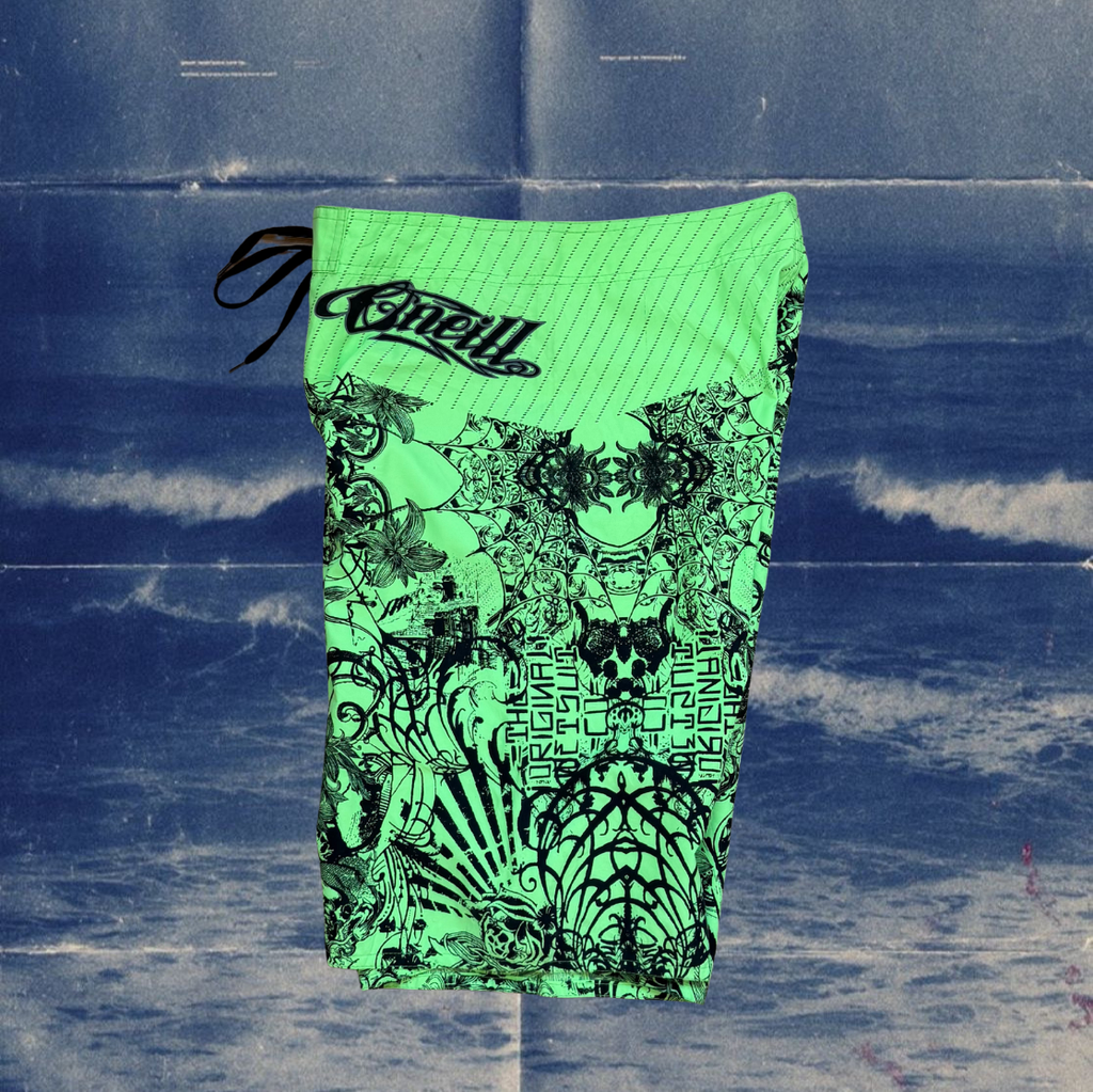 O’Neill neon green vintage boardies with all over print