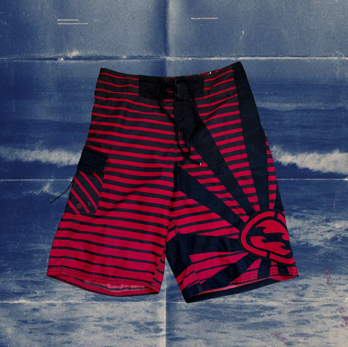 Andy Iron x Billabong rising sun black and red stripes vintage boardies