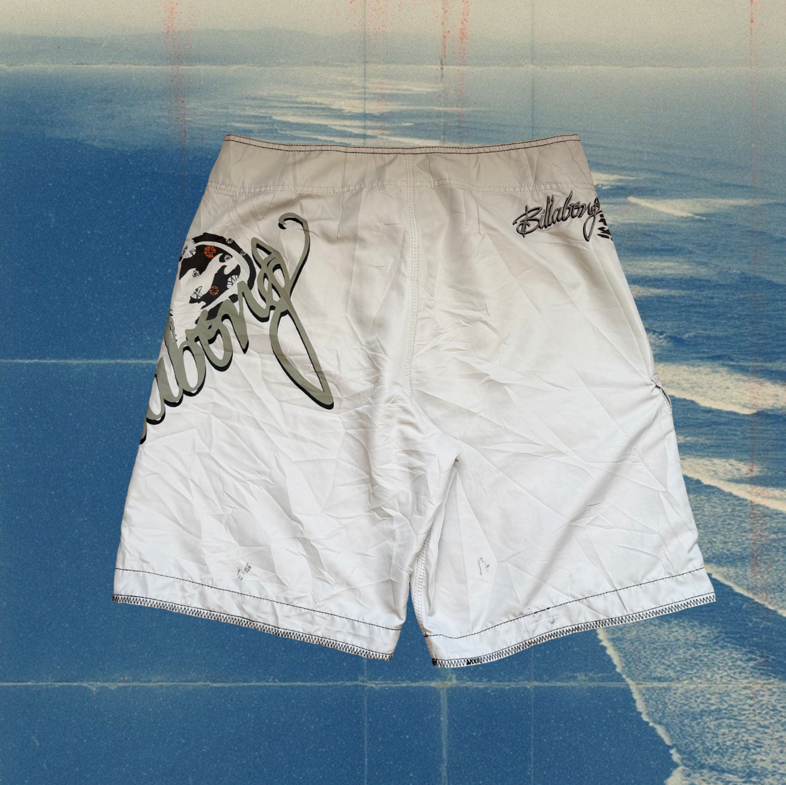 Billabong light grey with big script logo vintage boardies