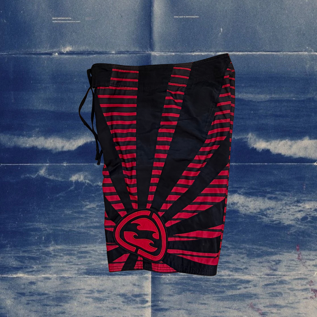 Andy Iron x Billabong rising sun black and red stripes vintage boardies