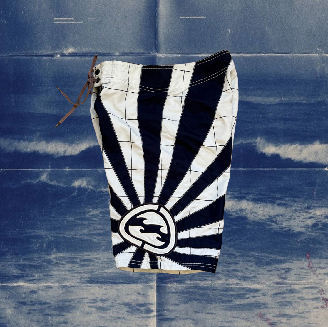 Andy Iron x Billabong rising sun grid black and white vintage boardies