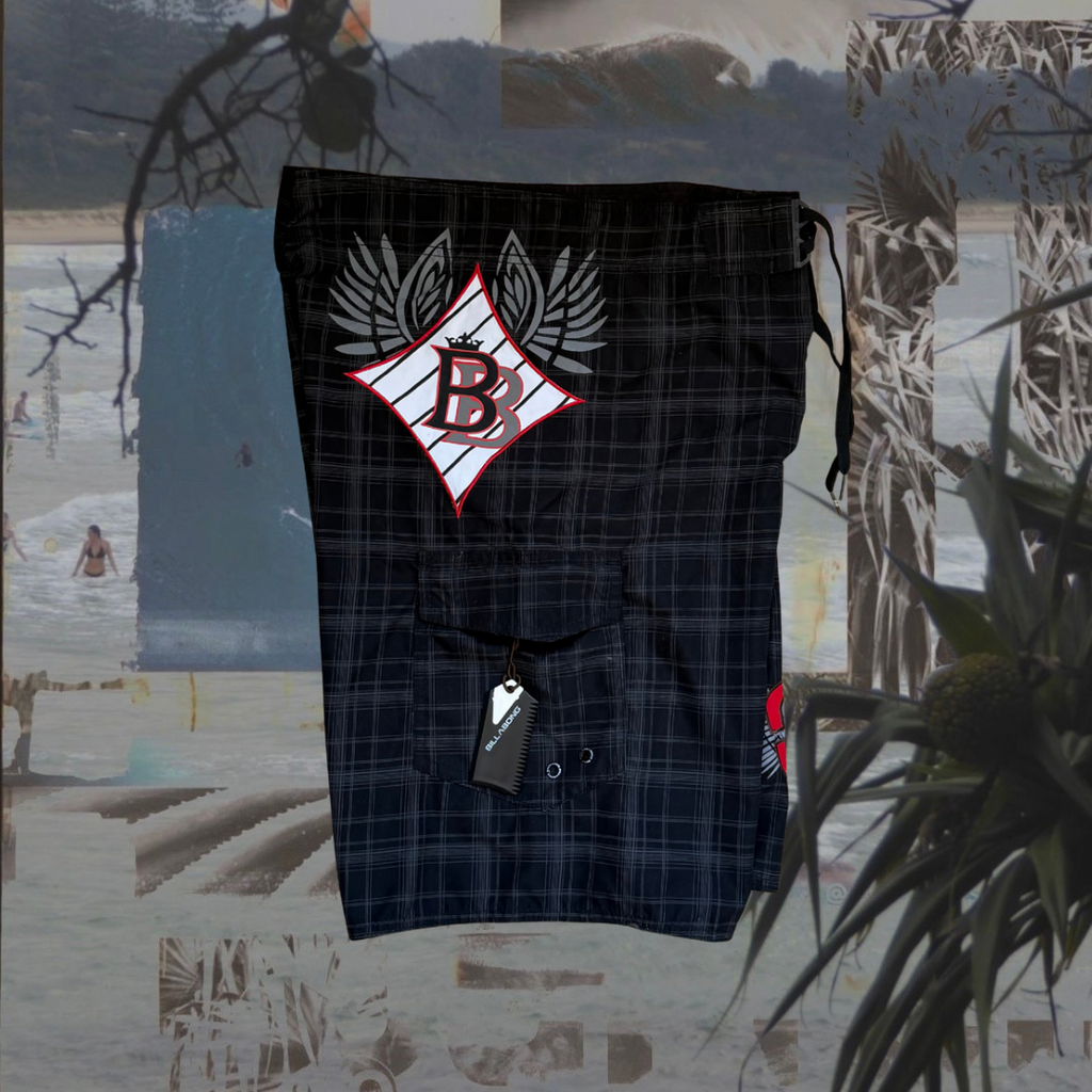Billabong black checkered with red patches vintage boardies