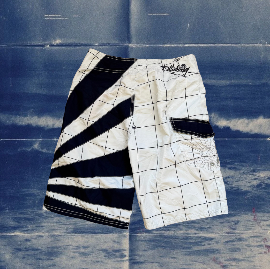 Andy Iron x Billabong rising sun grid black and white vintage boardies