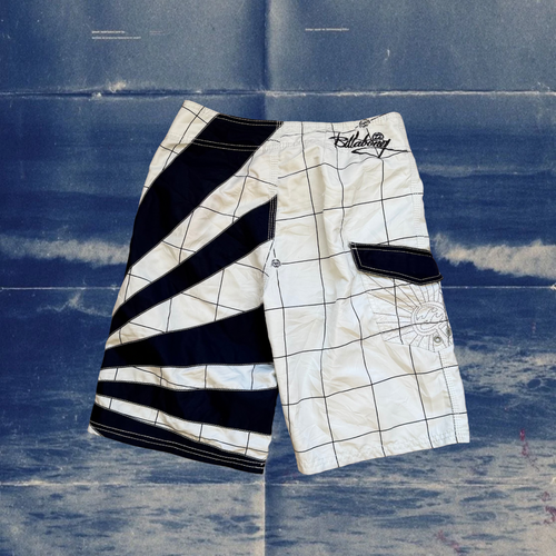 Andy Iron x Billabong rising sun grid black and white vintage boardies