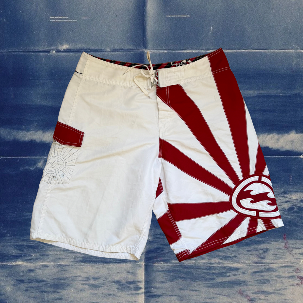 Andy Iron x Billabong rising sun red and white vintage boardies
