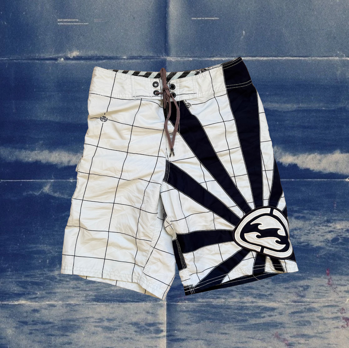 Andy Iron x Billabong rising sun grid black and white vintage boardies