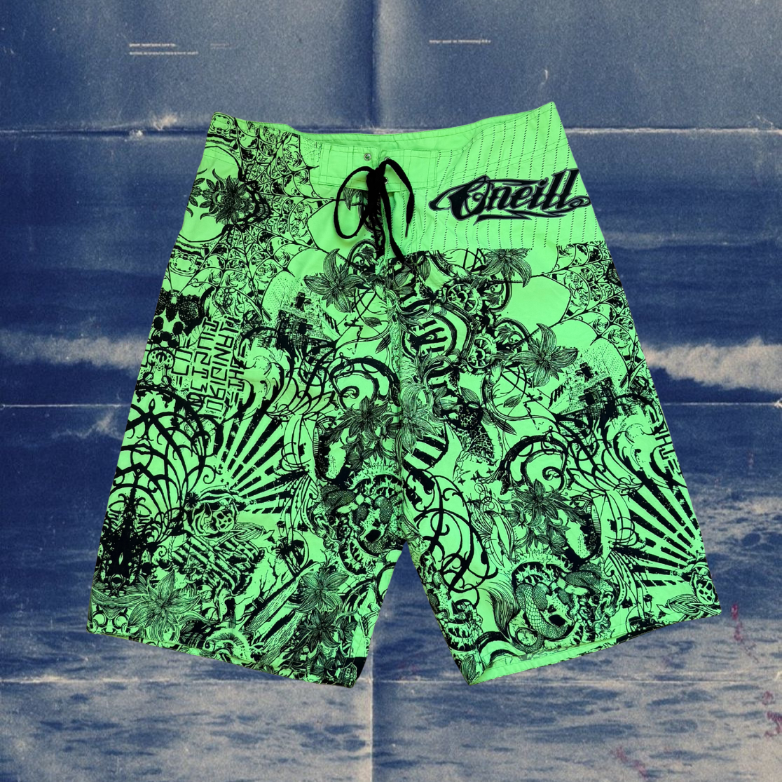 O’Neill neon green vintage boardies with all over print