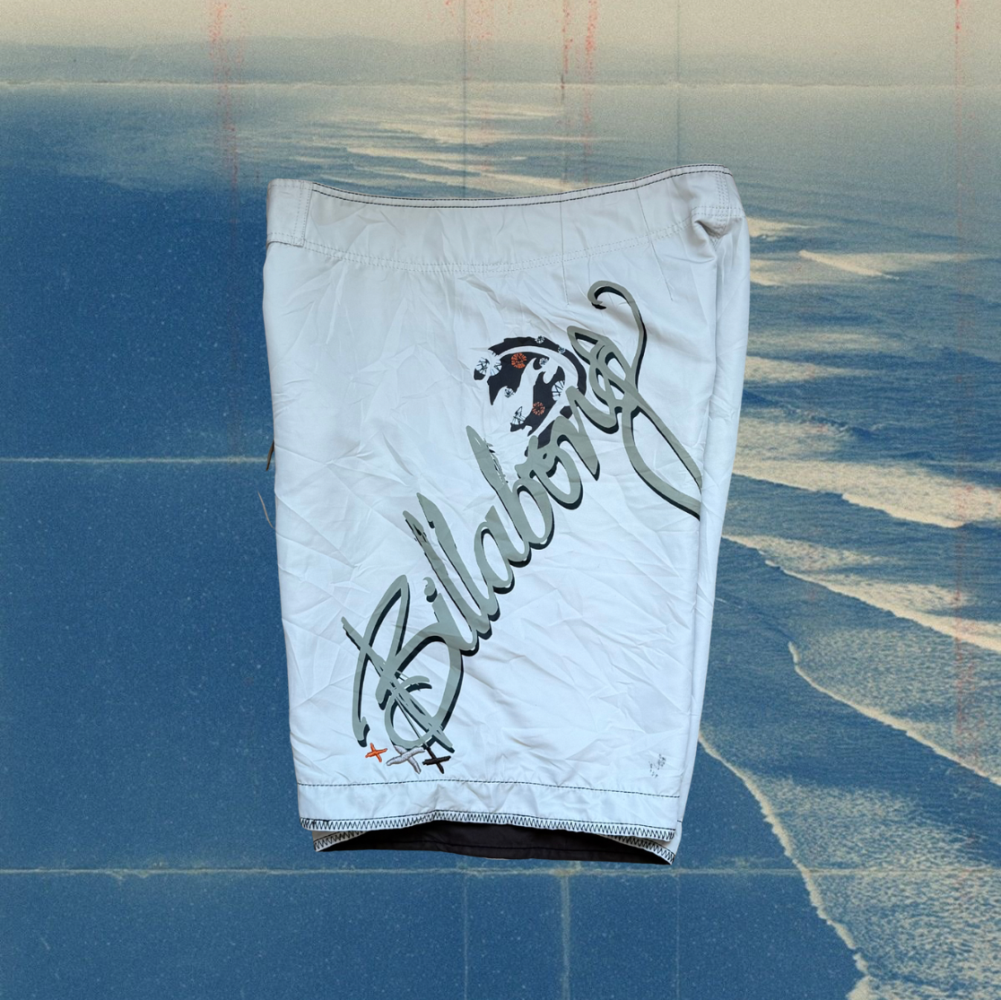 Billabong light grey with big script logo vintage boardies