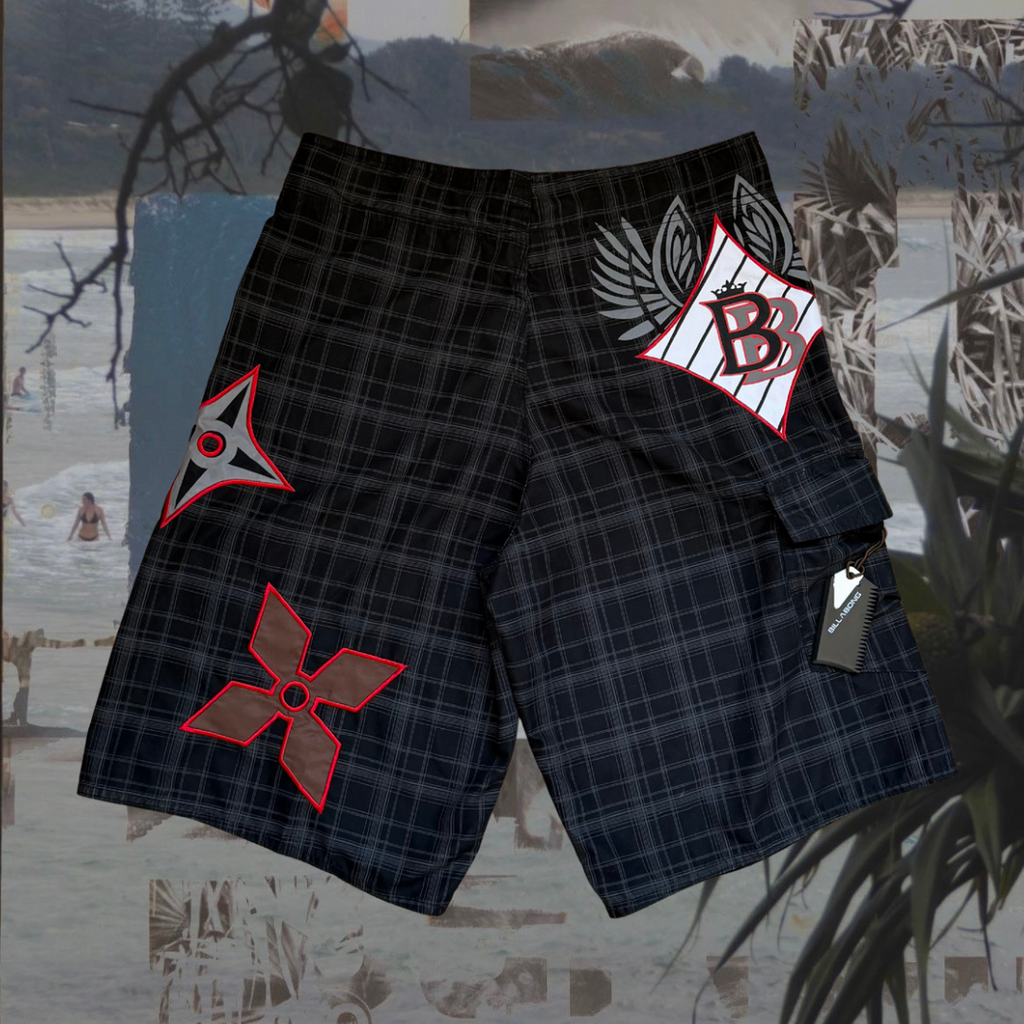 Billabong black checkered with red patches vintage boardies