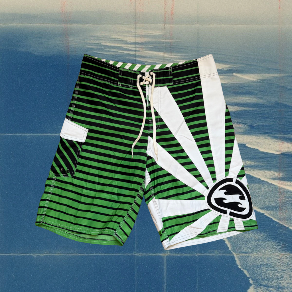 Andy Irons X Billabong rising sun green with stripes vintage boardies