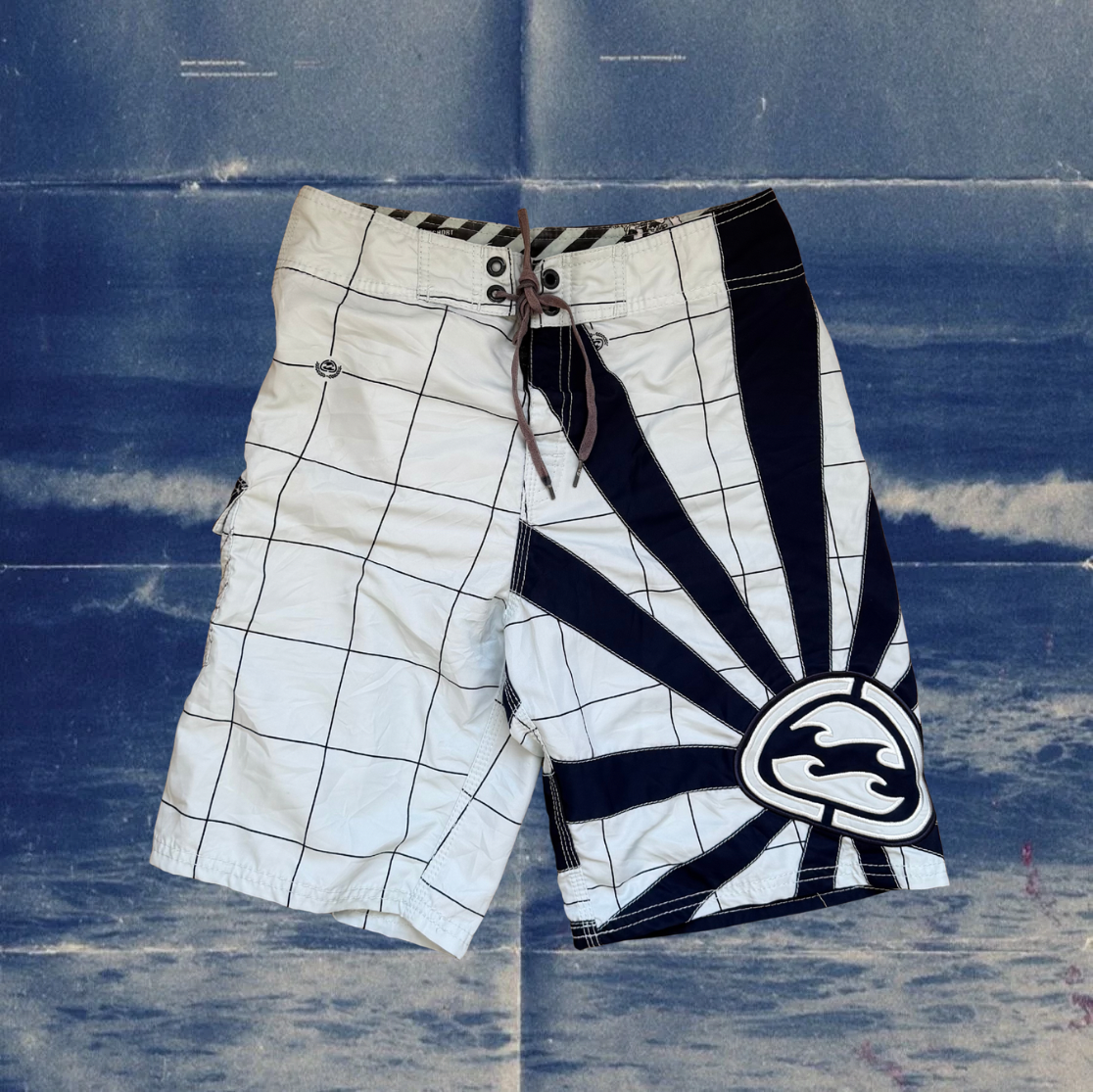 Andy Iron x Billabong rising sun light blue with navy checkered stiches vintage boardies