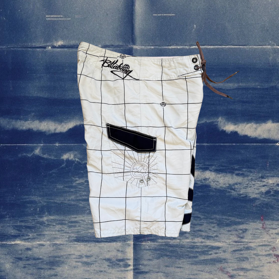 Andy Iron x Billabong rising sun grid black and white vintage boardies