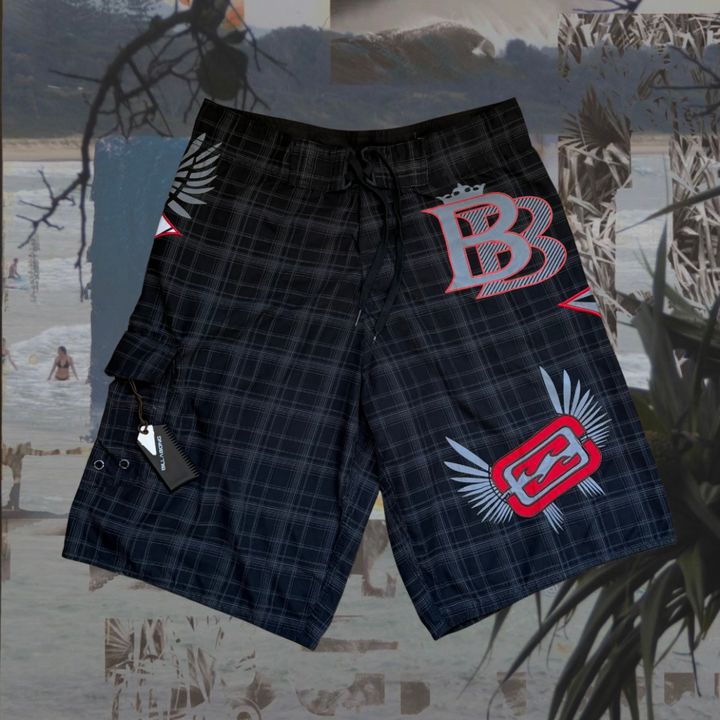 Billabong black checkered with red patches vintage boardies