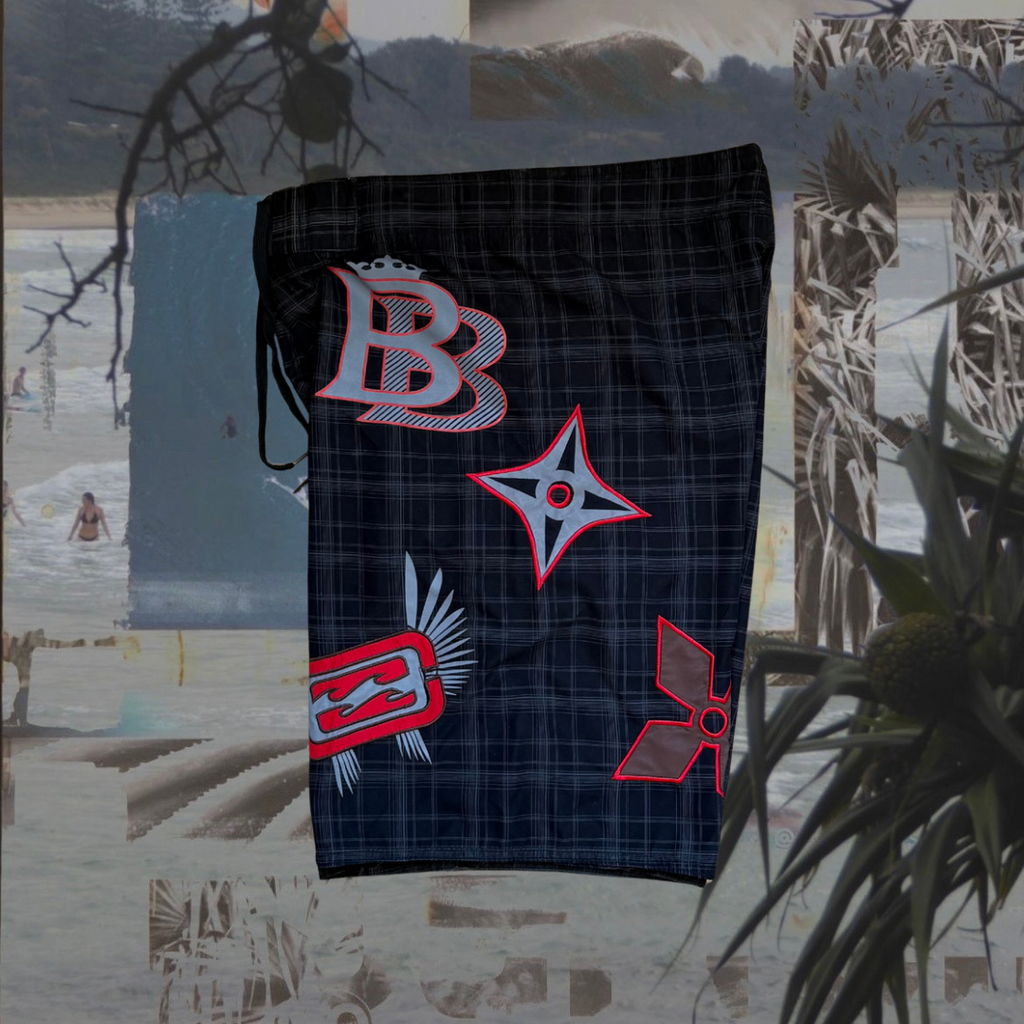 Billabong black checkered with red patches vintage boardies